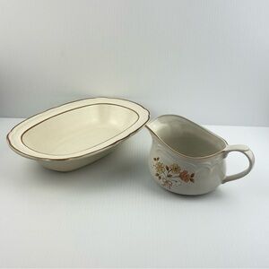 Vintage Cordella Stoneware Vegetable Dish and Gravy Boat Burnet Pattern